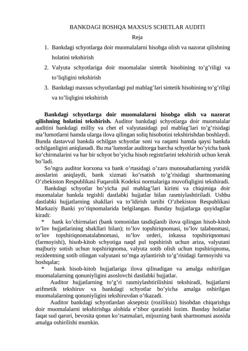 BANKDAGI BOSHQA MAXSUS SCHETLAR AUDITI