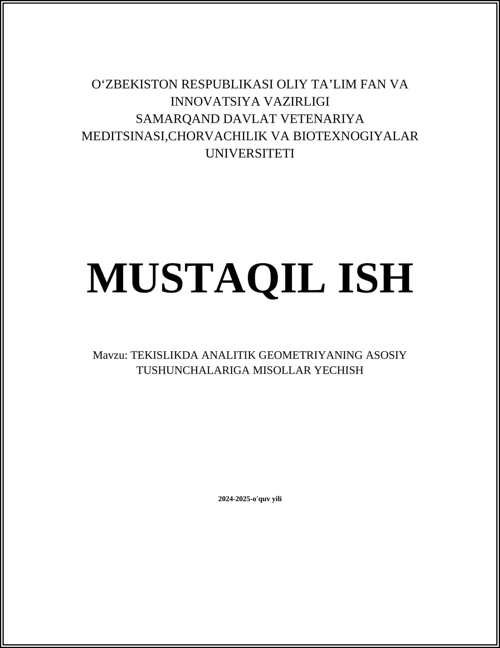 TEKISLIKDA ANALITIK GEOMETRIYANING ASOSIY TUSHUNCHALARIGA MISOLLAR YECHISH