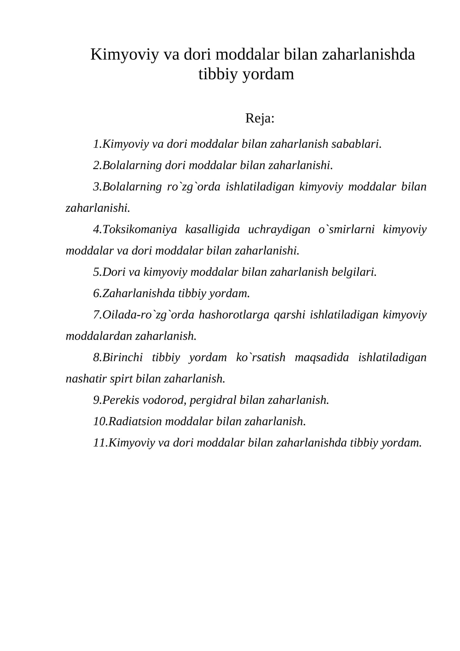 Kimyoviy va dori moddalar bilan zaharlanishda tibbiy yordam