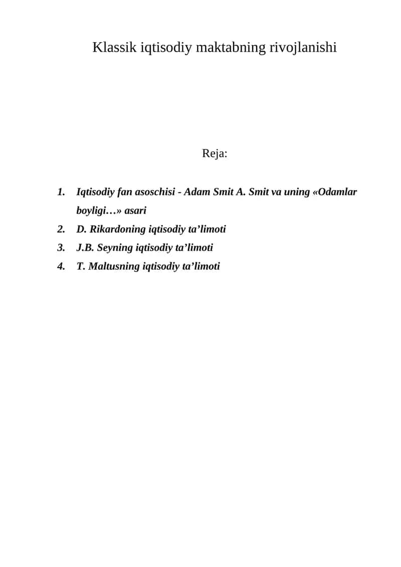 Klassik iqtisodiy maktabning rivojlanishi