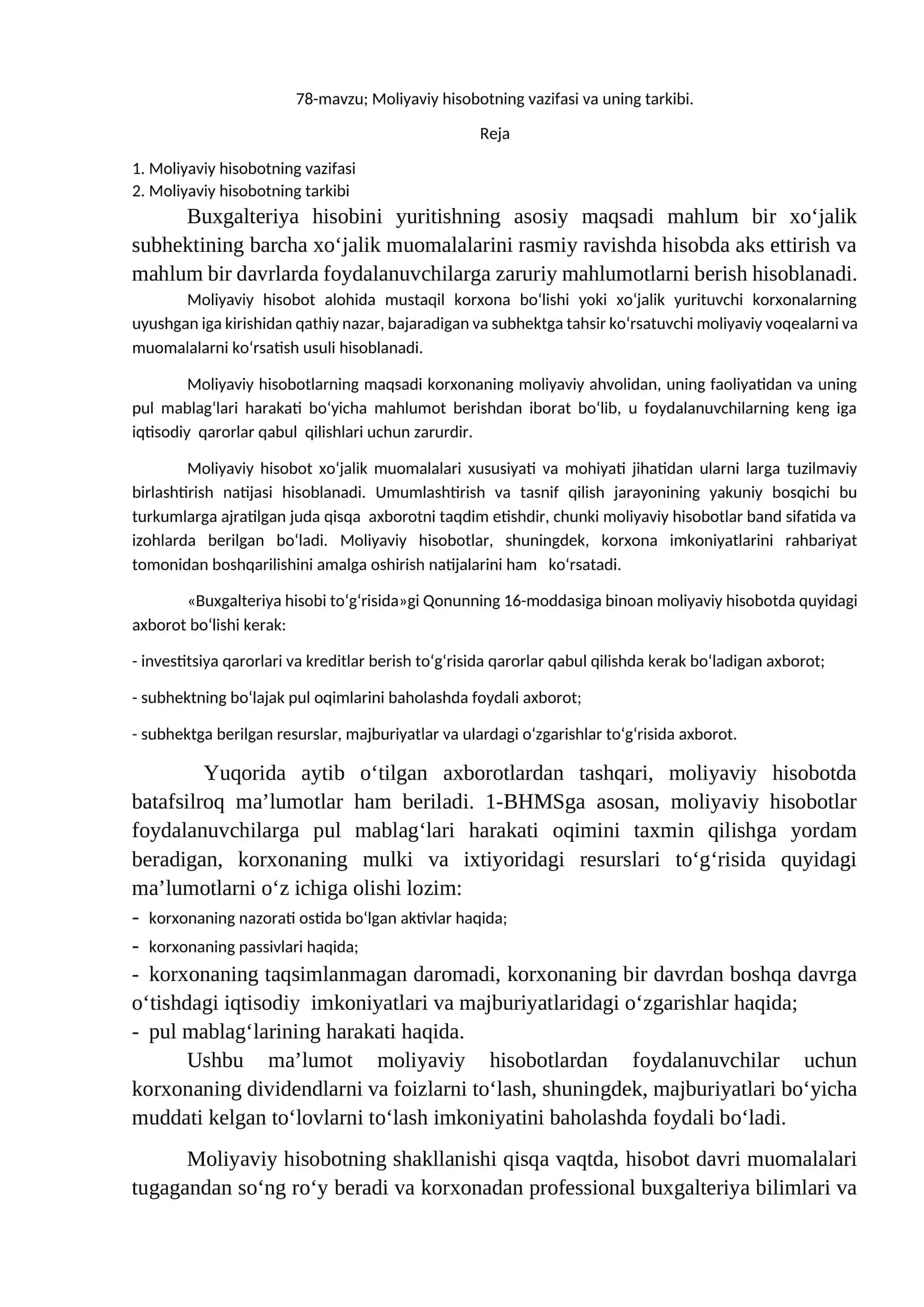 Moliyaviy hisobotning vazifasi va uning tarkibi