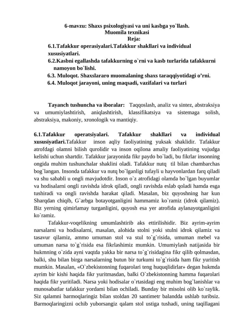 6-mavzu: Shaxs psixologiyasi va uni kasbga yo`llash.