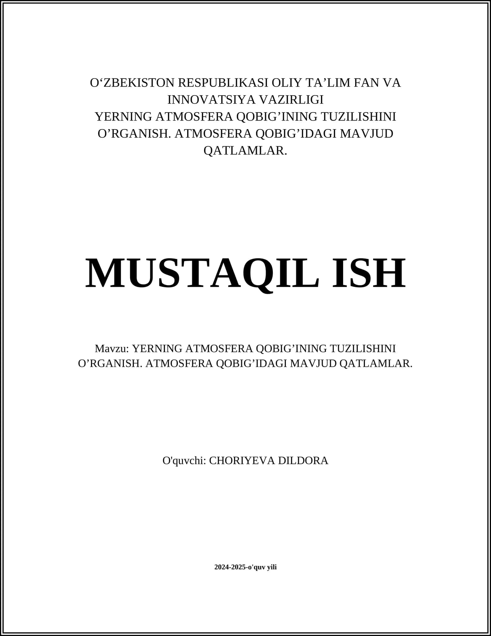 Yerning atmosfera qobig'ining tuzilishini o'rganish