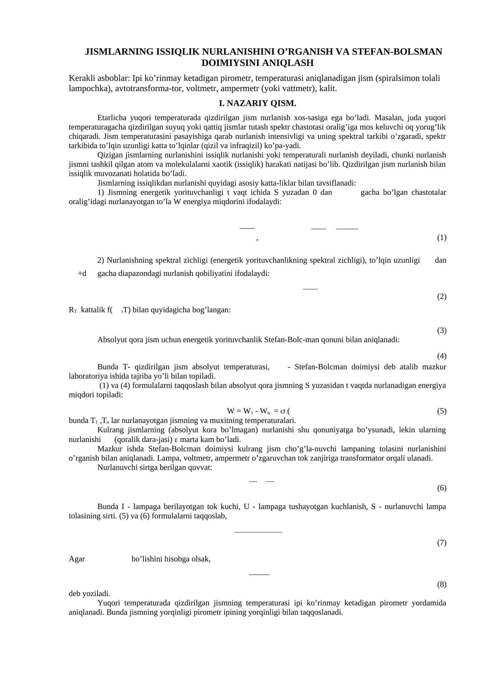 JISMLARNING ISSIQLIK NURLANISHINI O’RGANISH VA STEFAN-BOLSMAN DOIMIYSINI ANIQLASH