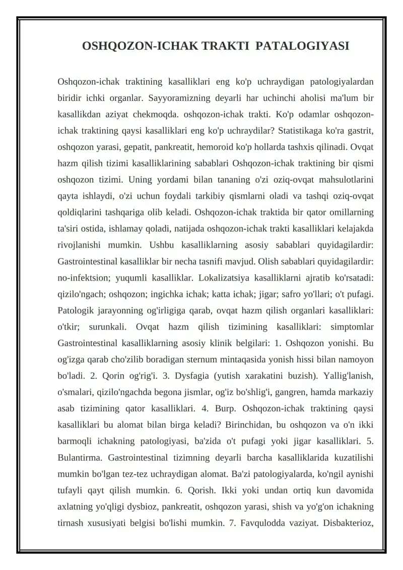 OSHQOZON-ICHAK TRAKTI PATALOGIYASI