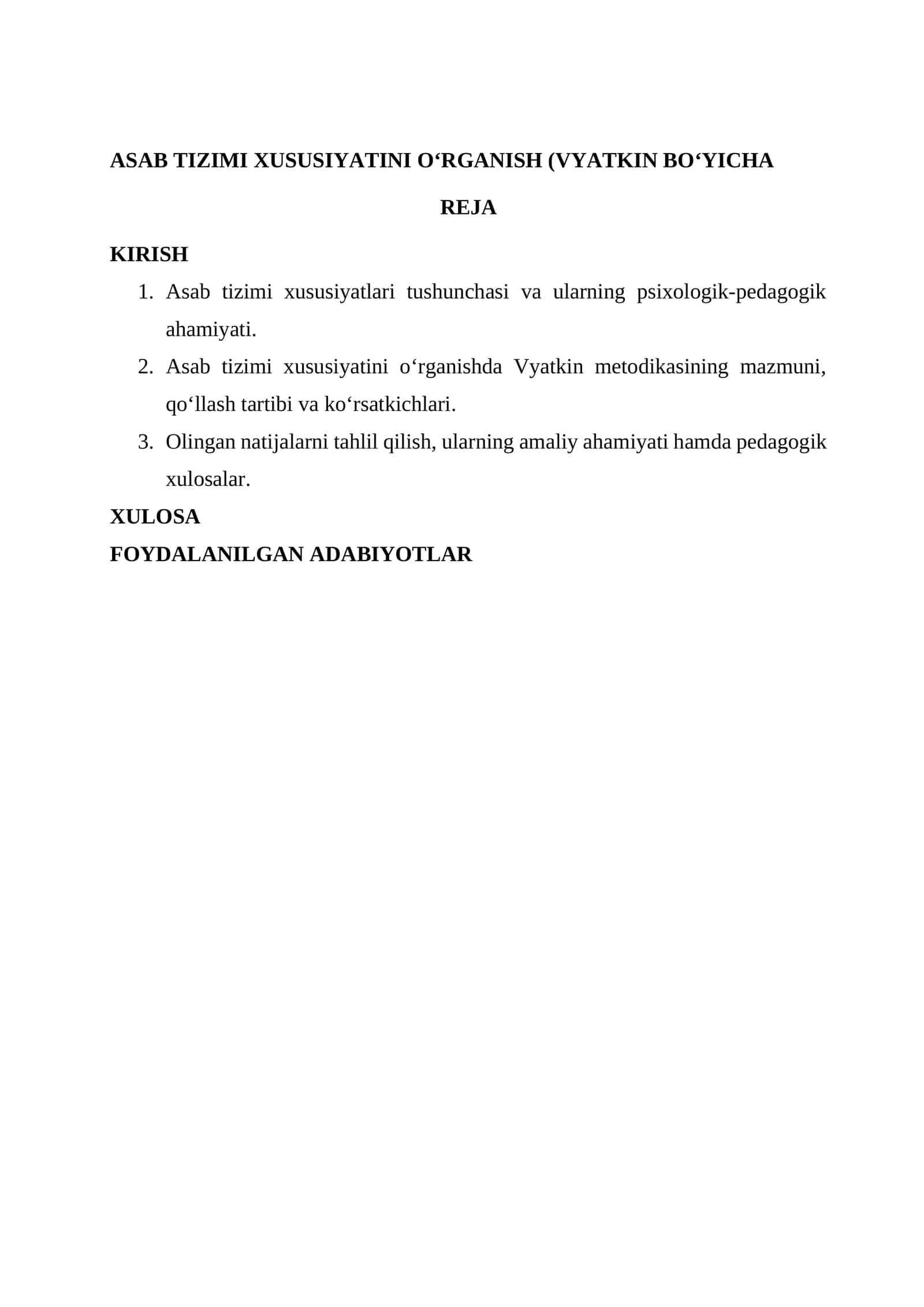 Asab tizimi xususiyatini o‘rganish (Vyatkin bo‘yicha)