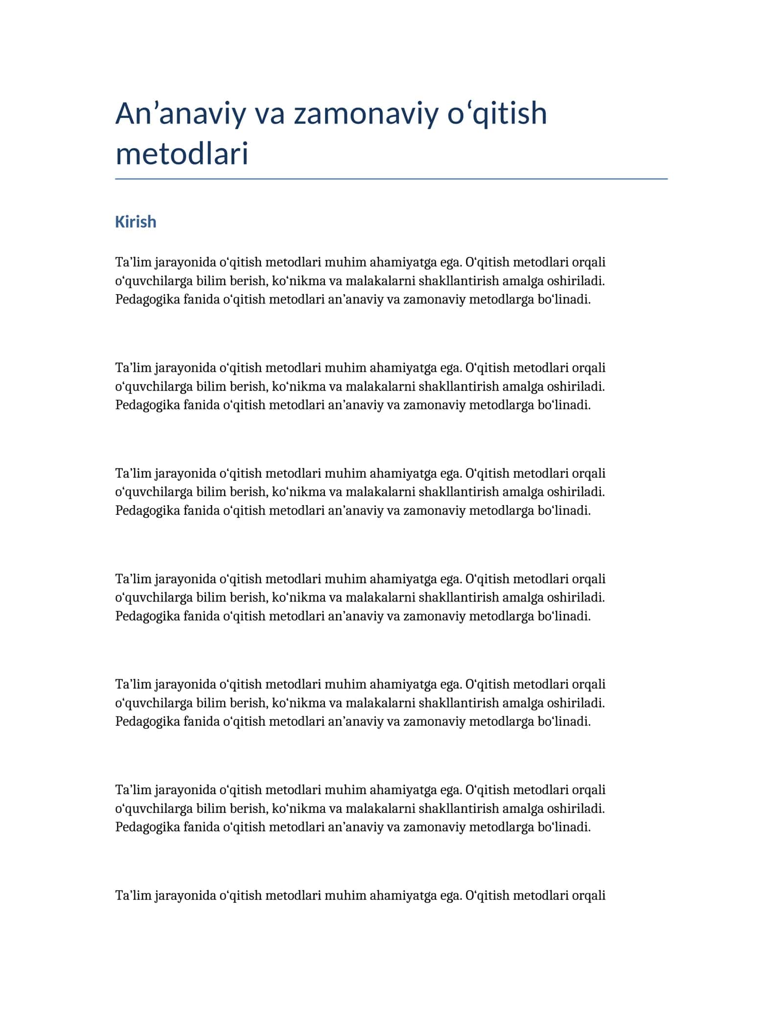 An’anaviy va zamonaviy o‘qitish metodlari — Pedagogika kurs ishi