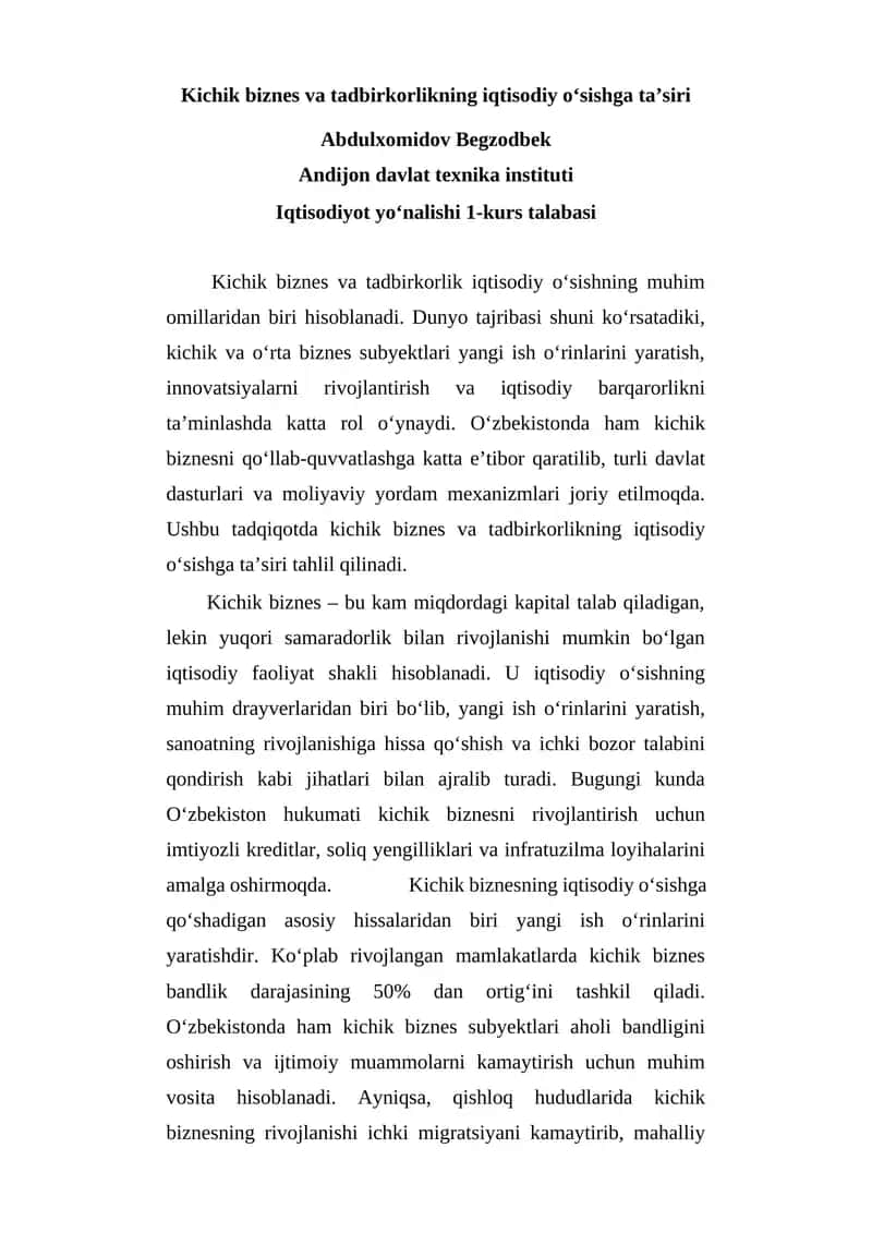 Kichik biznes va tadbirkorlikning iqtisodiy o‘sishga ta’siri