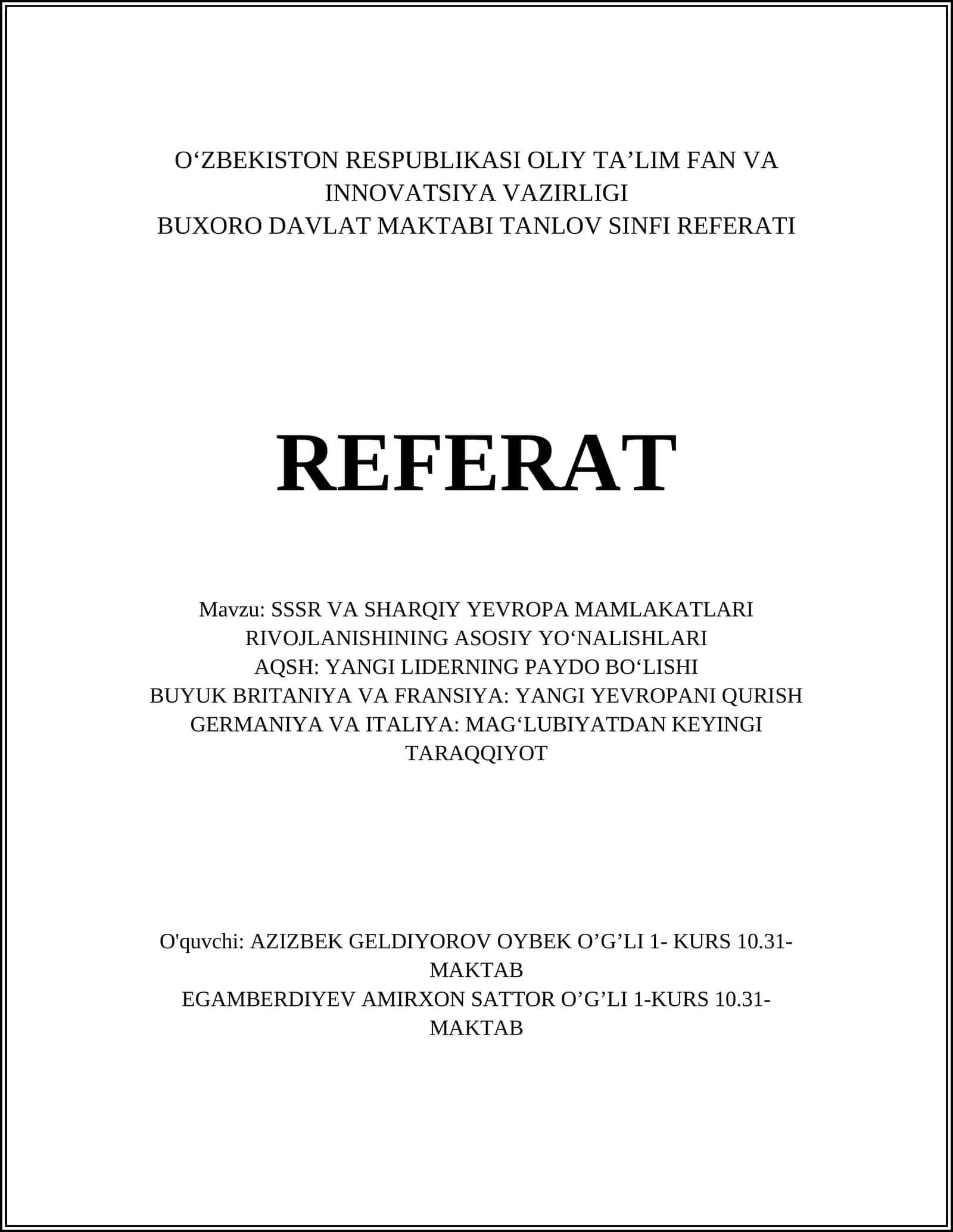 BUXORO DAVLAT MAKTABI TANLOV SINFI REFERATI
