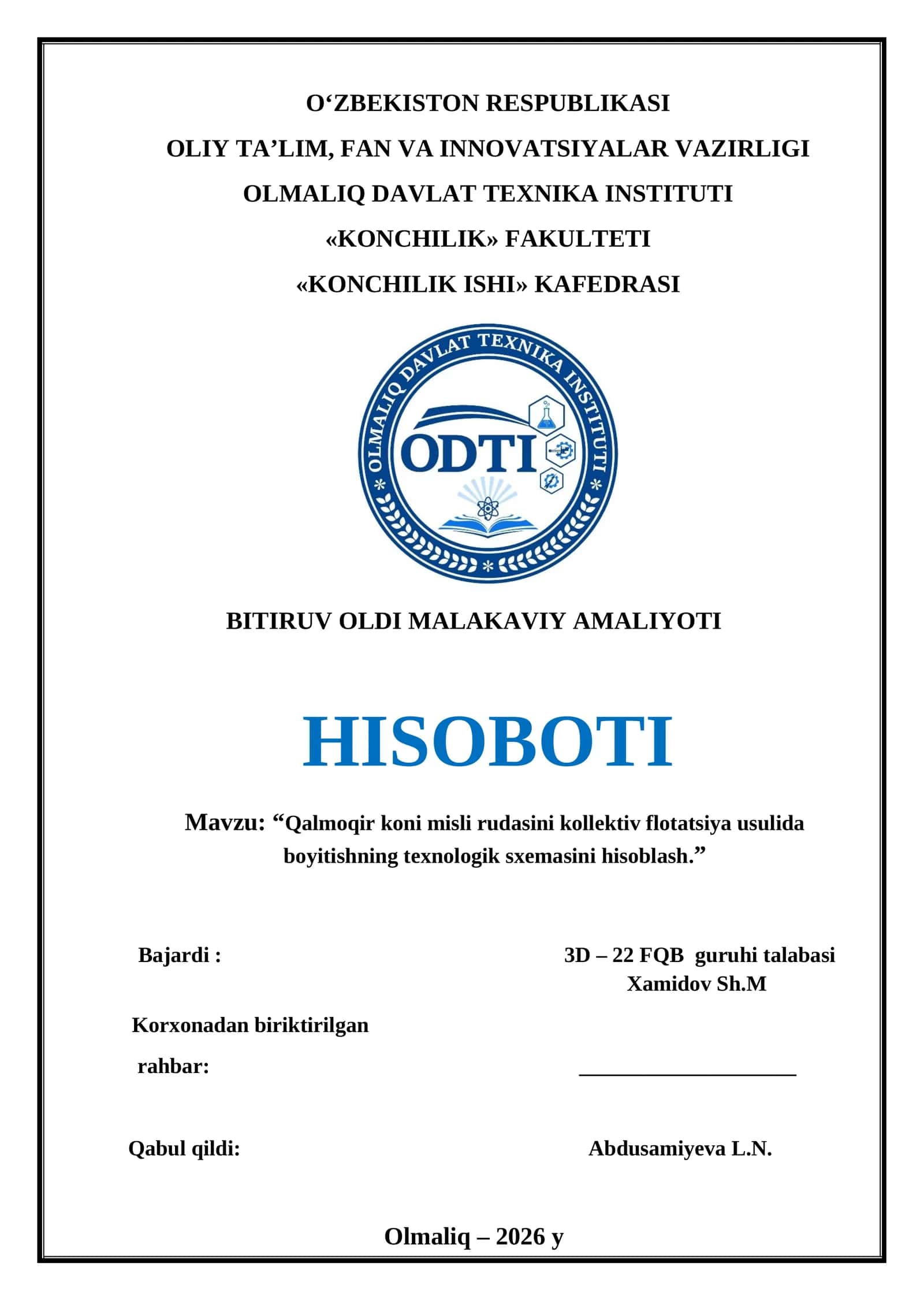 Qalmoqir koni misli rudasini kollektiv flotatsiya usulida boyitishning texnologik sxemasini hisoblash
