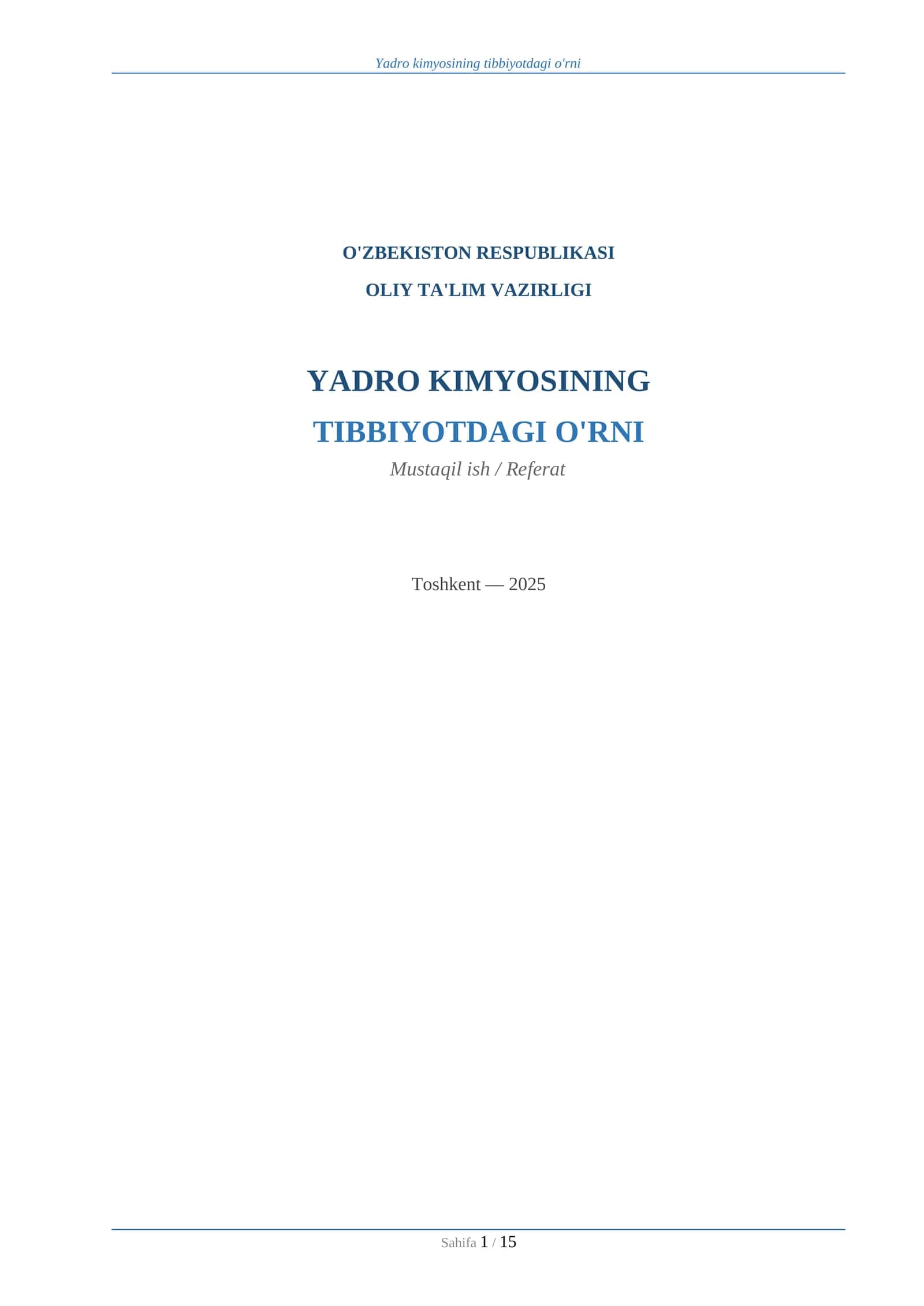 YADRO KIMYOSINING TIBBIYOTDAGI O'RNI