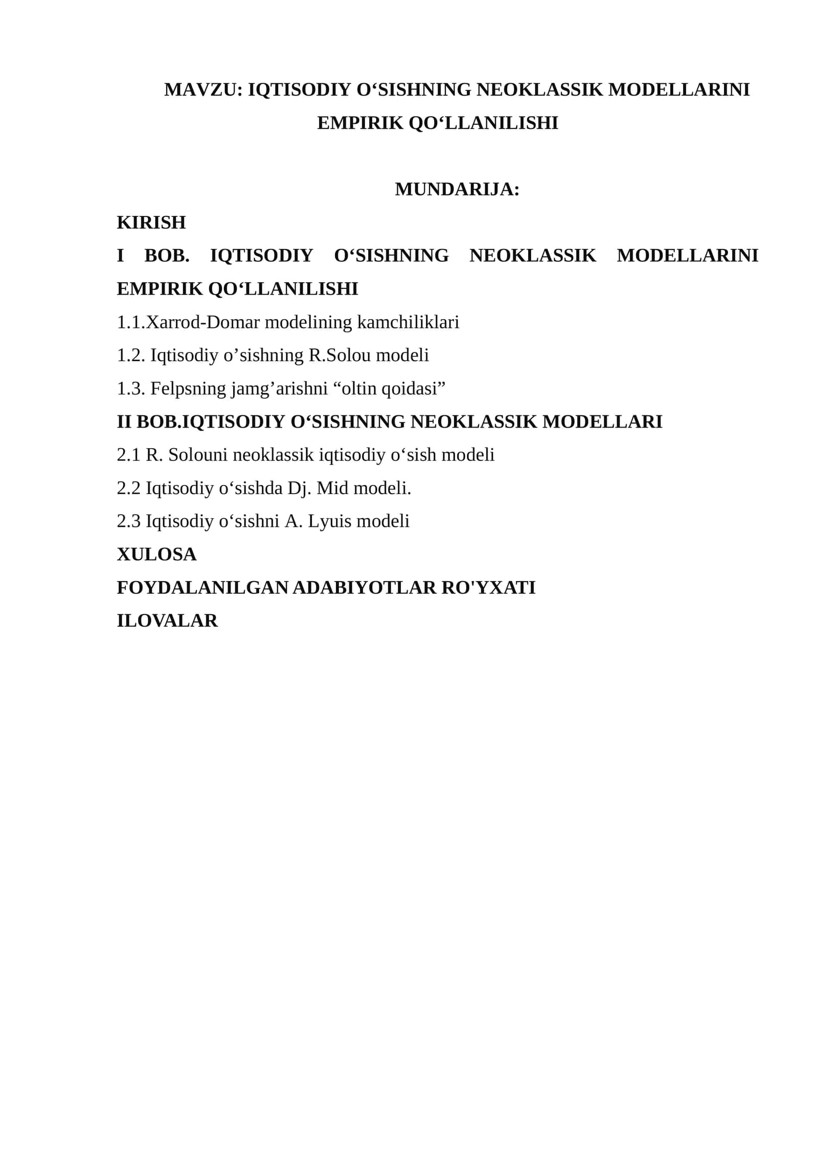 Iqtisodiy o‘sishning neoklassik modellarini empirik qo‘llanilishi