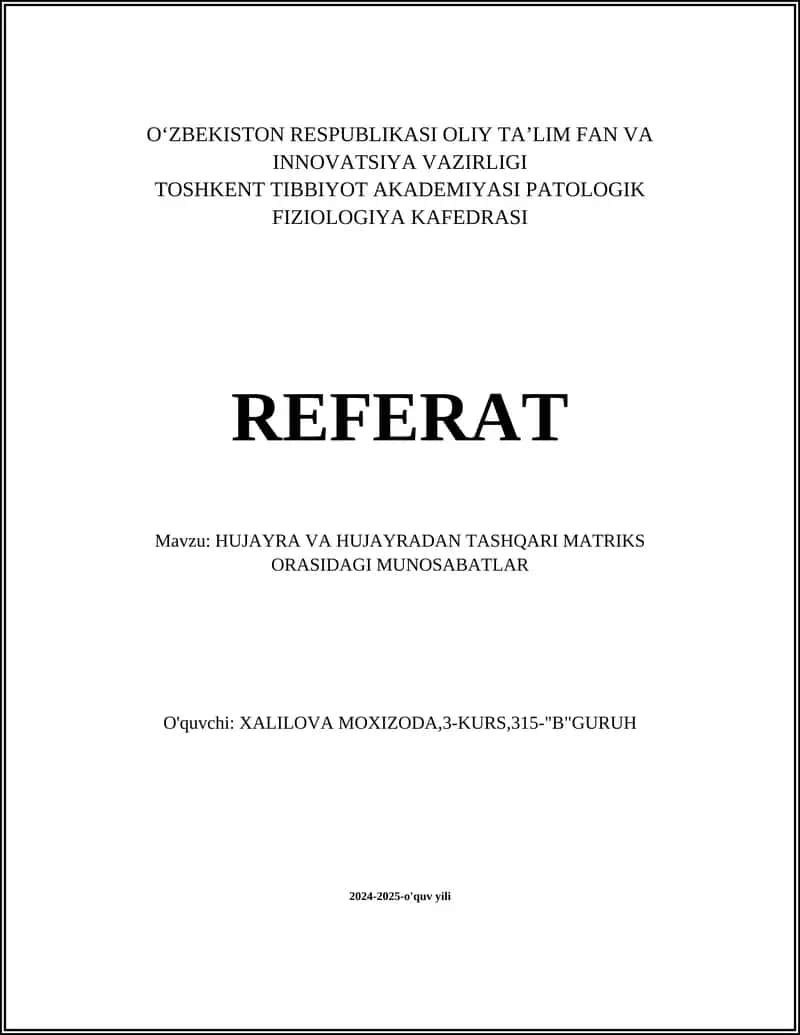 HUJAYRA VA HUJAYRADAN TASHQARI MATRIKS ORASIDAGI MUNOSABATLAR