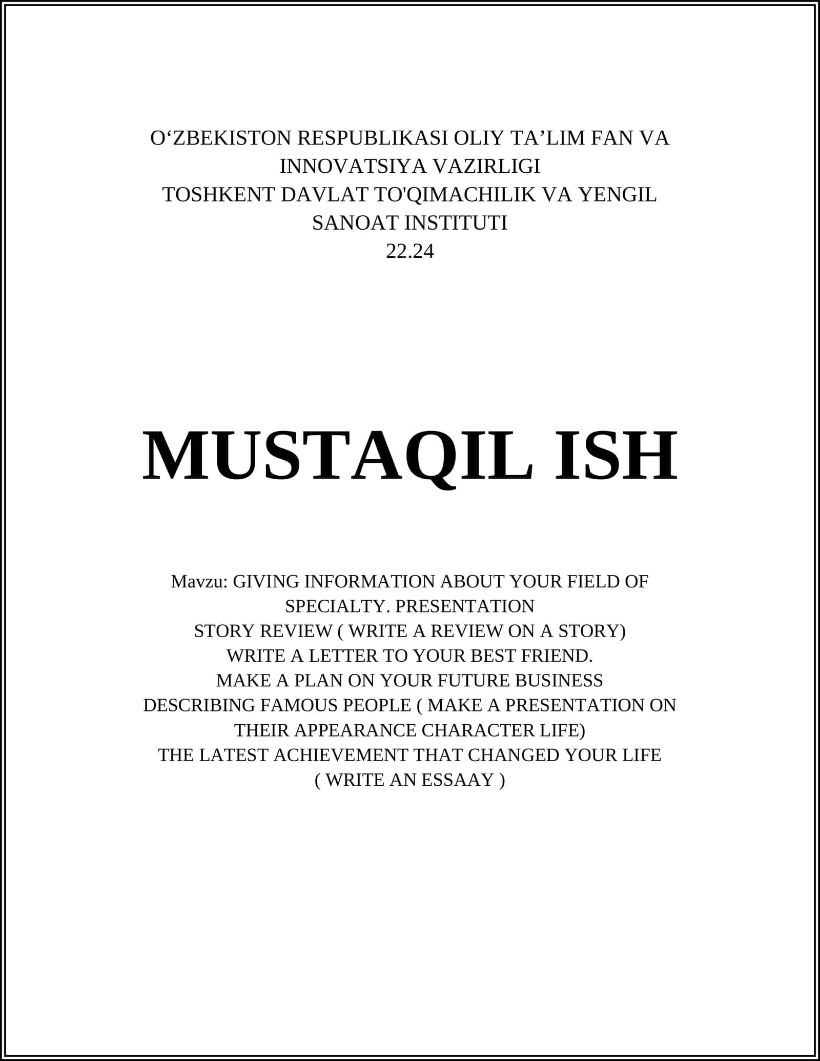Mening mutaxassislik soham haqidagi ma'lumotlar