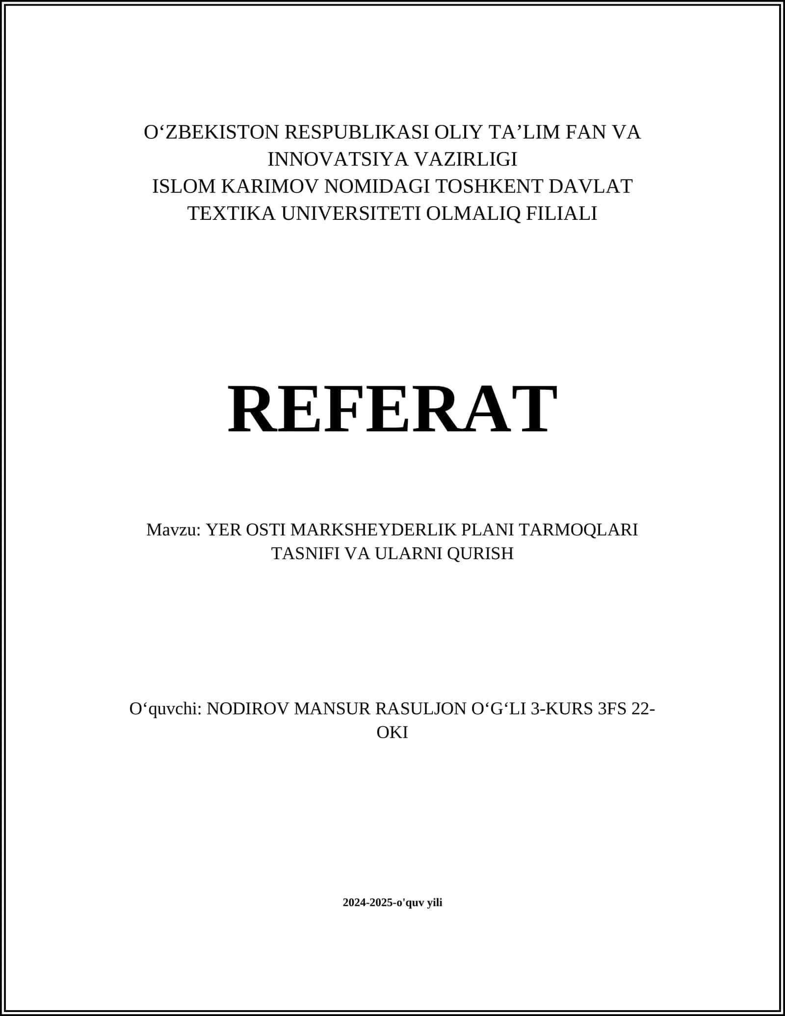Yer osti marksheydyerlik plani tarmoqlari tasnifi va ularni qurish