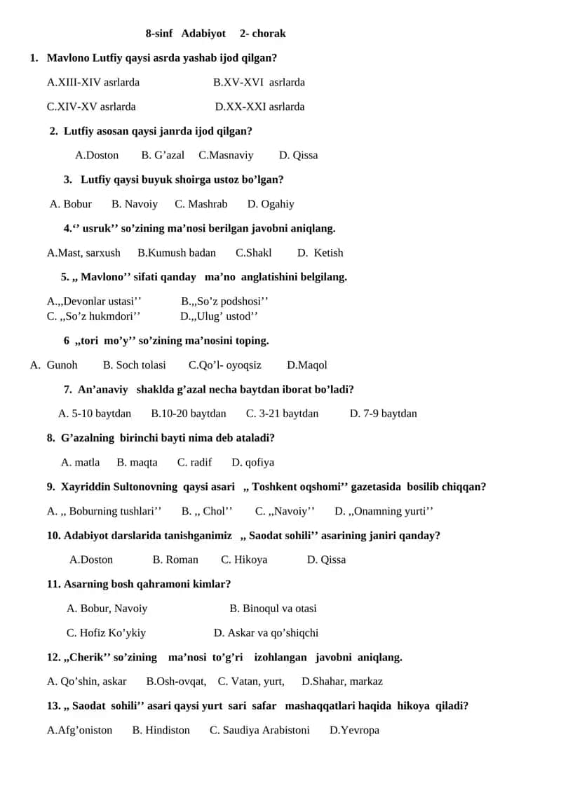 8 sinf uchun Adabiyot fanidan test 2-chirak uchun