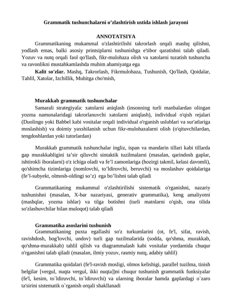 Grammatik tushunchalarni o’zlashtirish ustida ishlash jarayoni