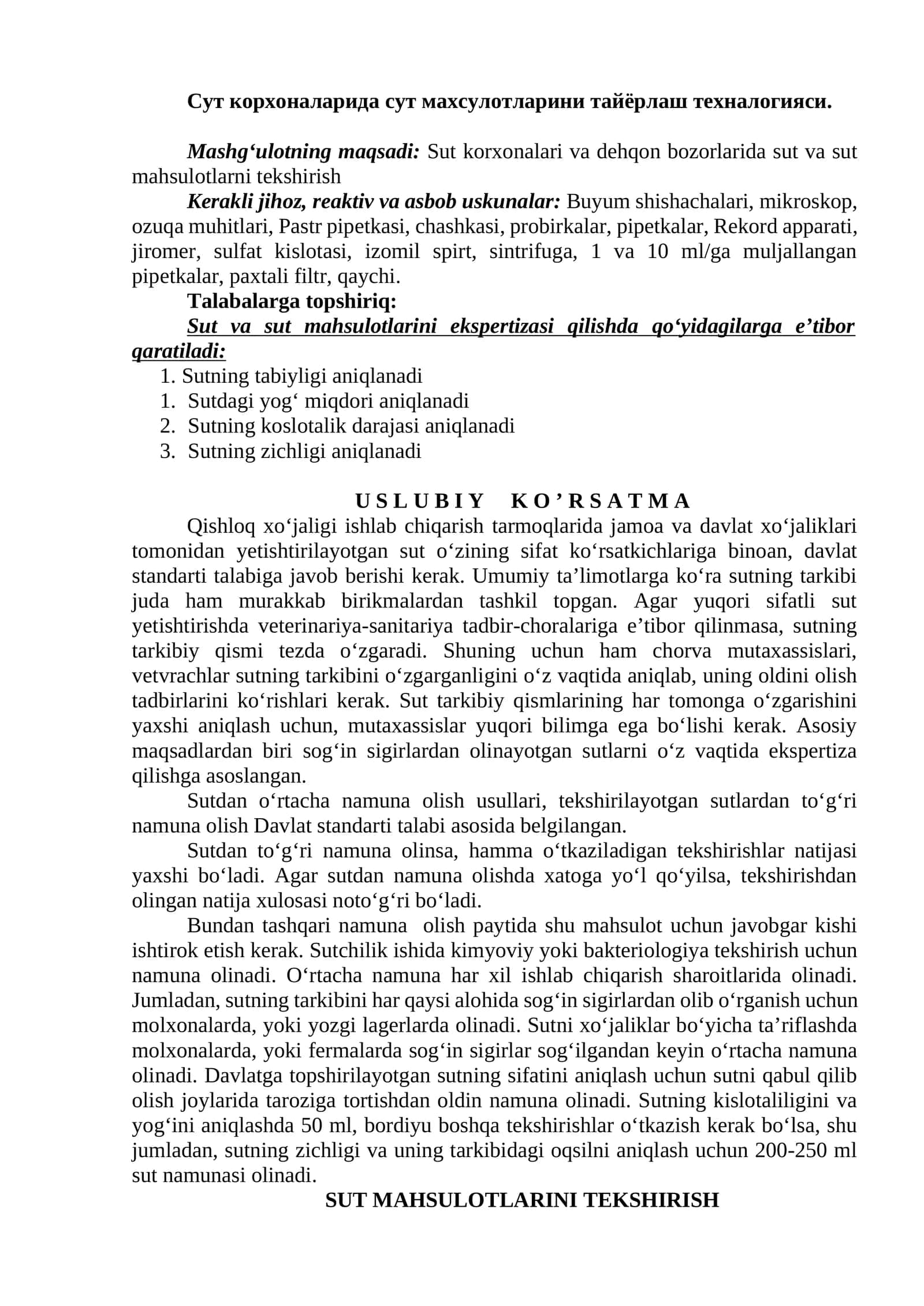 Sut korxonalari va dehqon bozorlarida sut va sut mahsulotlarni tekshirish
