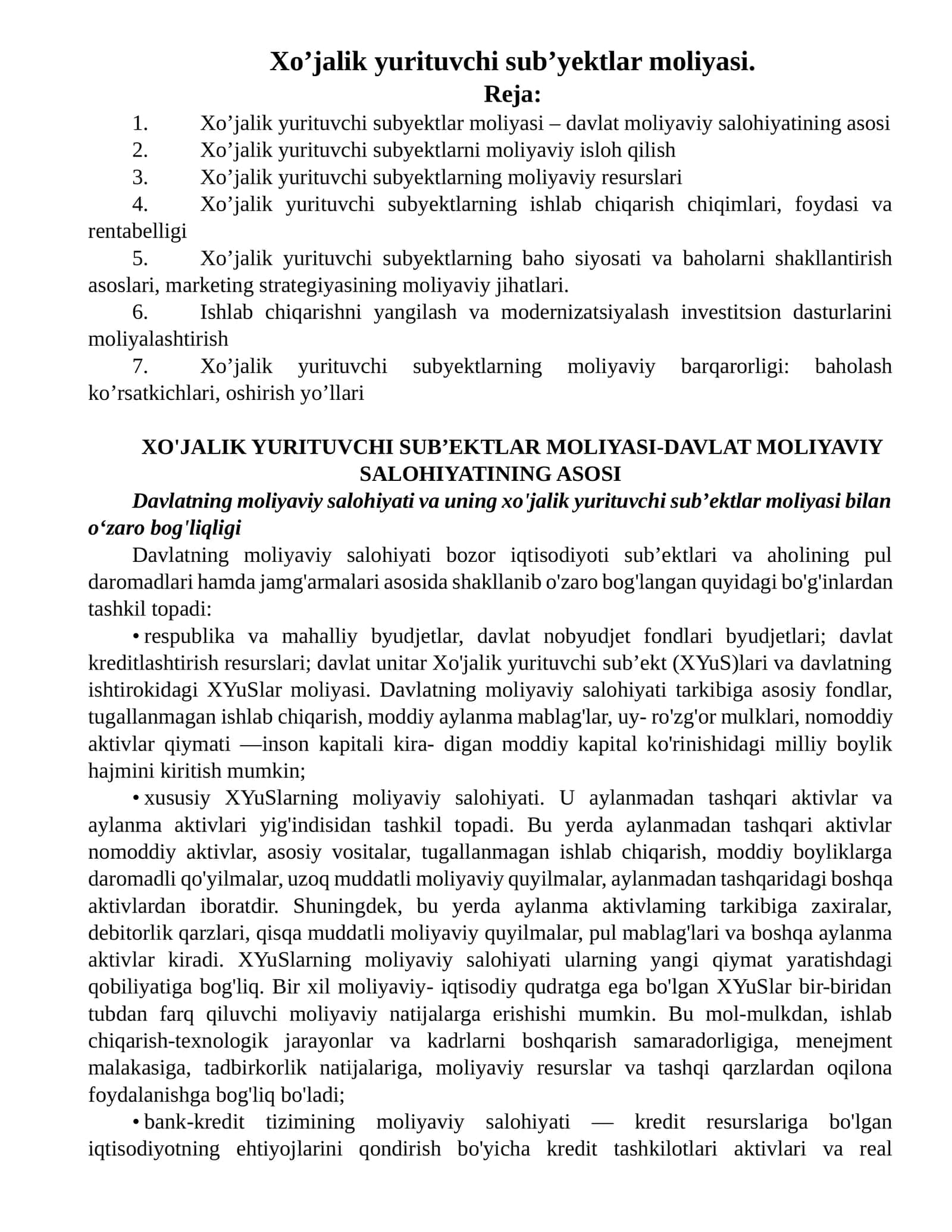 XO'JALIK YURITUVCHI SUB’EKTLAR MOLIYASI-DAVLAT MOLIYAVIY SALOHIYATINING ASOSI