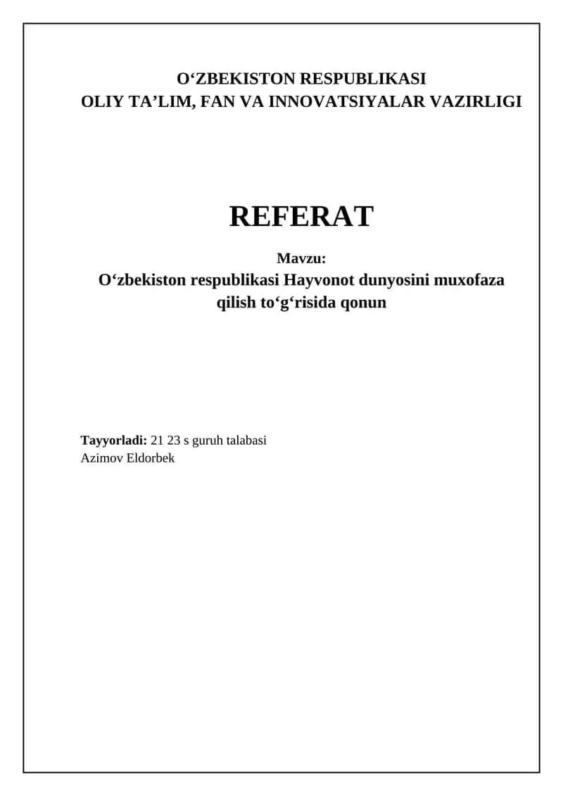 Oʻzbekiston respublikasi Hayvonot dunyosini muxofaza qilish toʻgʻrisida qonun