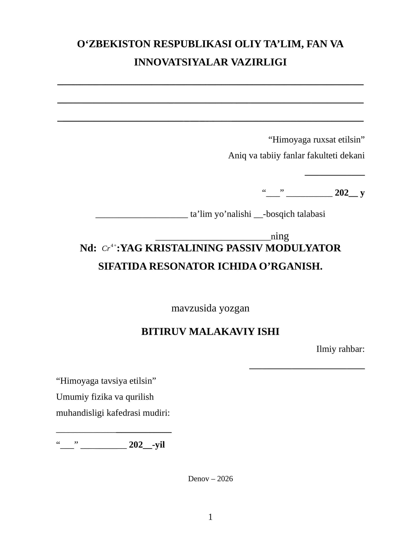 Cr4+:YAG krstali passiv modulyator sifatida resonator ichida o'rganish