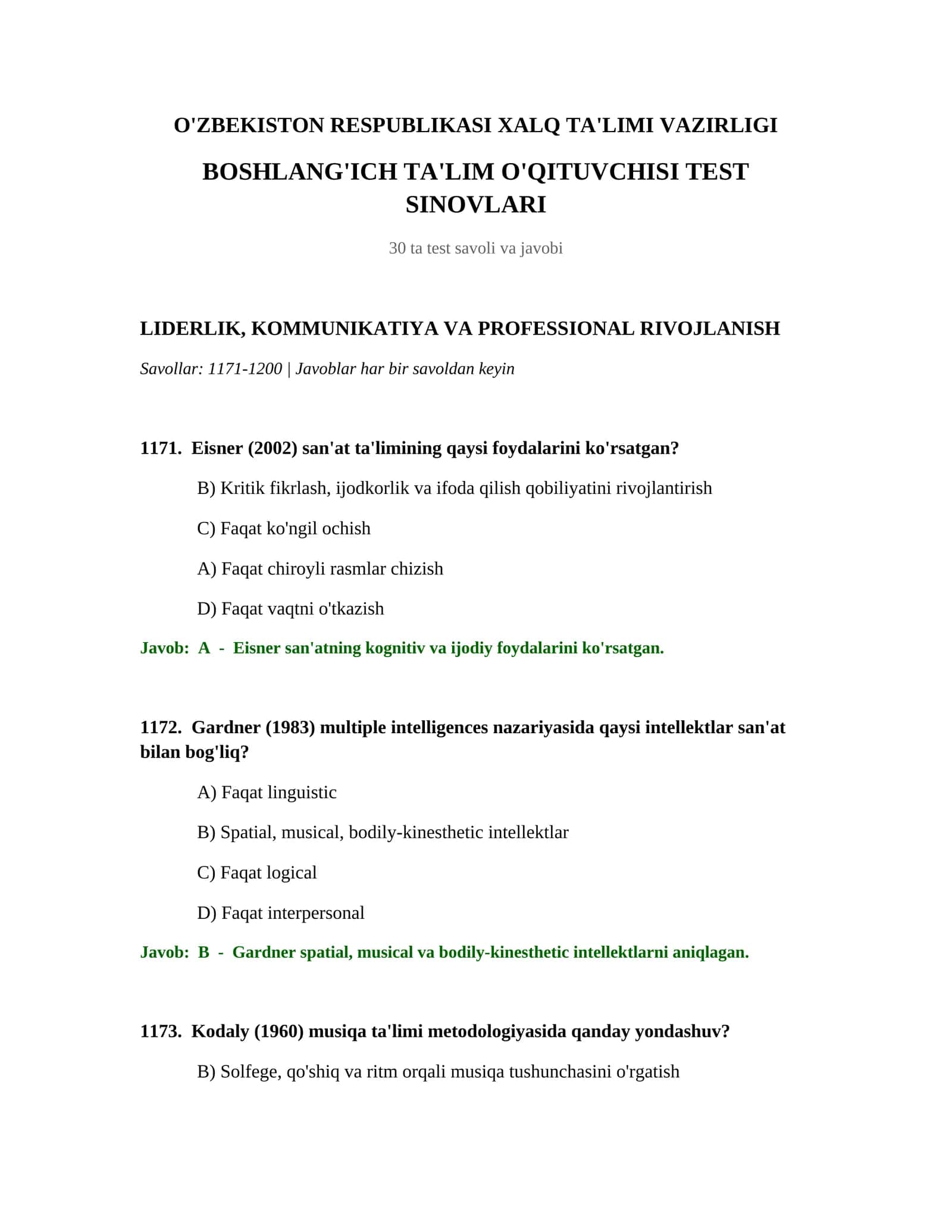 Boshlang'ich ta'lim o'qituvchisi test sinovlari