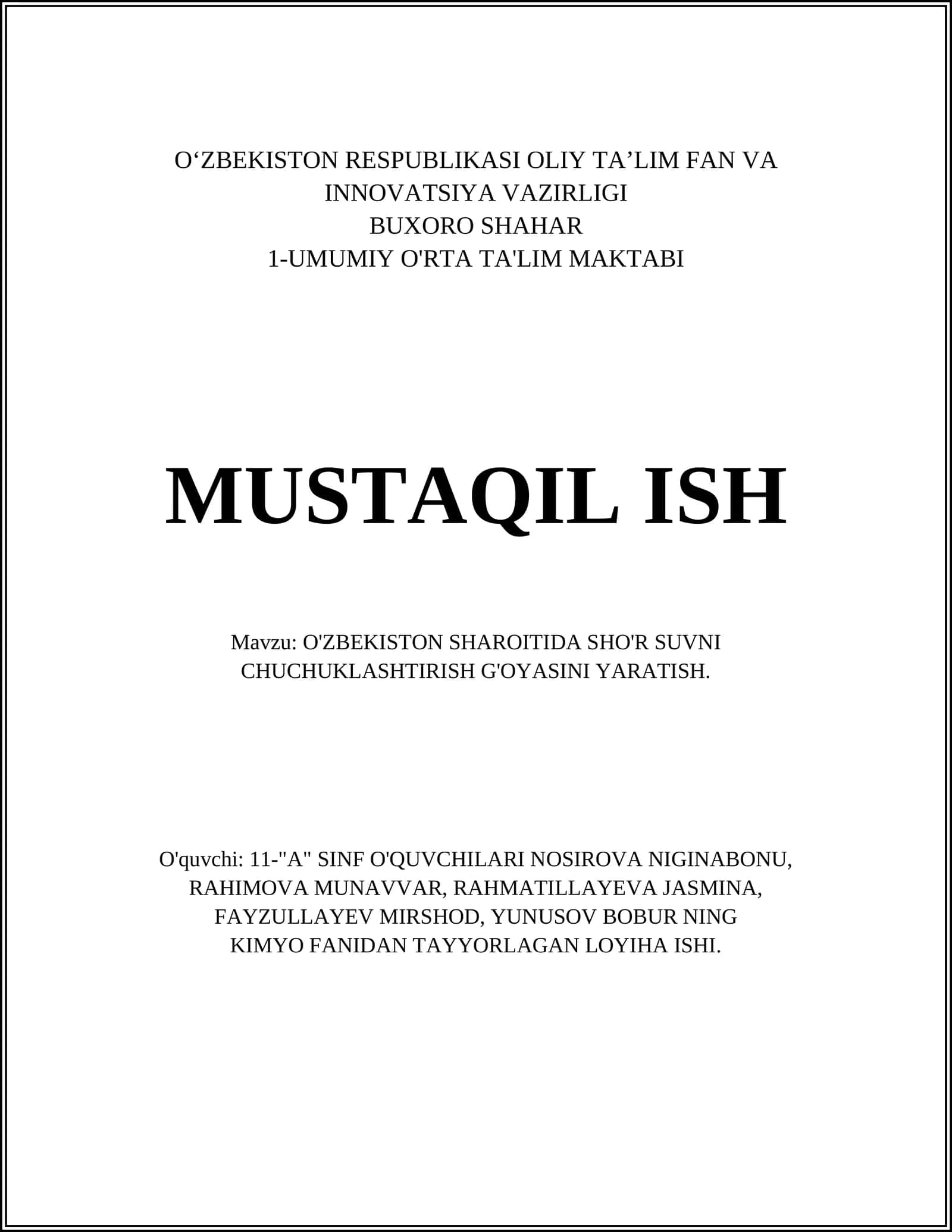 O'ZBEKISTON SHAROITIDA SHO'R SUVNI CHUCHUKLASHTIRISH G'OYASINI YARATISH