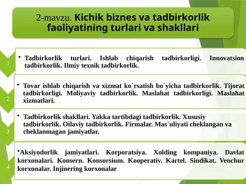 Tadbirkorlik turlari va subyektlari