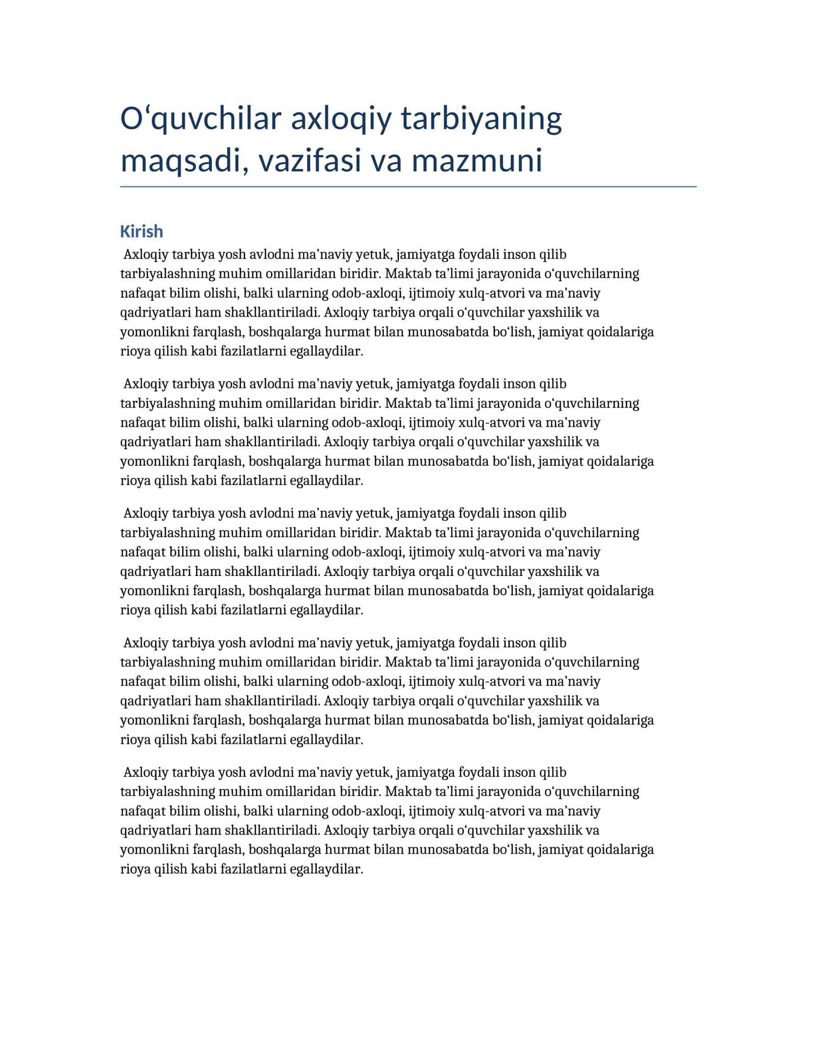 Oʻquvchilarda axloqiy tarbiya mazmuni, vazifalari