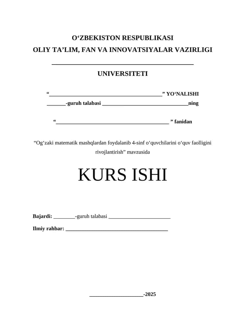Og‘zaki matematik mashqlardan foydalanib 4-sinf o‘quvchilarini o‘quv faolligini rivojlantirish