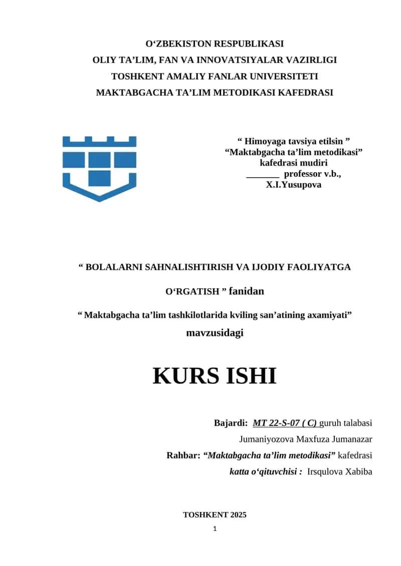 Maktabgacha taʼlim tashkilotlarida kviling san’atining axamiyati.