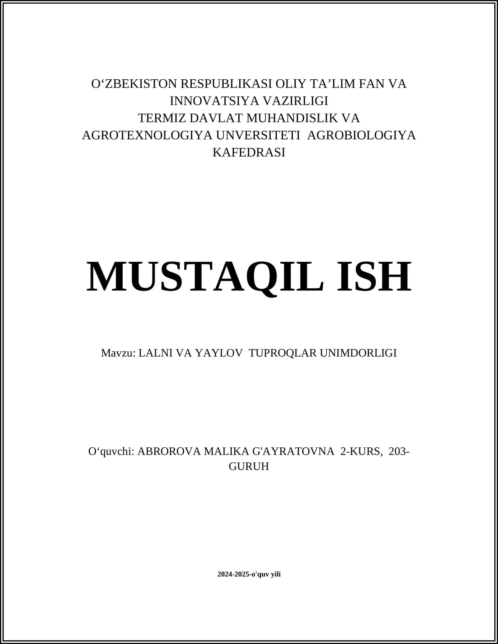 LALNI VA YAYLOV TUPROQLAR UNIMDORLIGI
