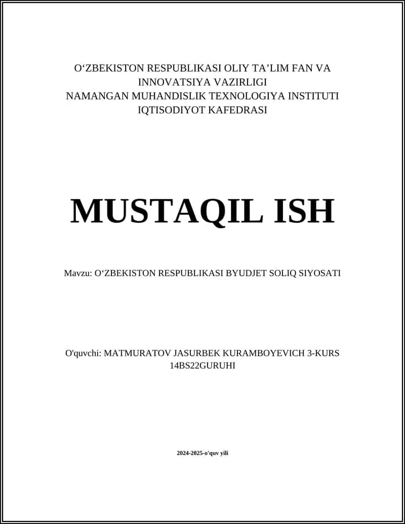 OʻZBEKISTON RESPUBLIKASI BYUDJET SOLIQ SIYOSATI