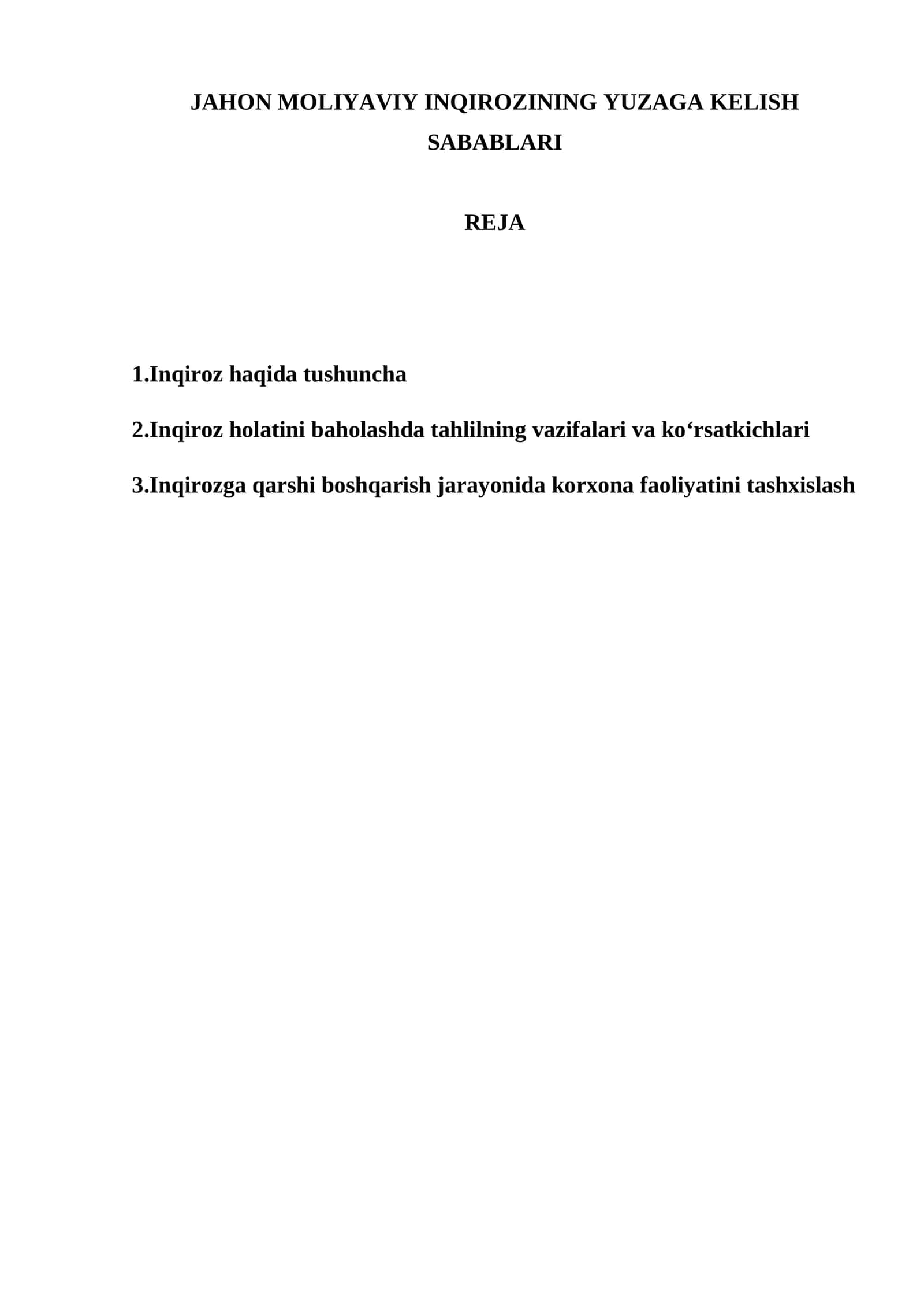 JAHON MOLIYAVIY INQIROZINING YUZAGA KELISH SABABLARI