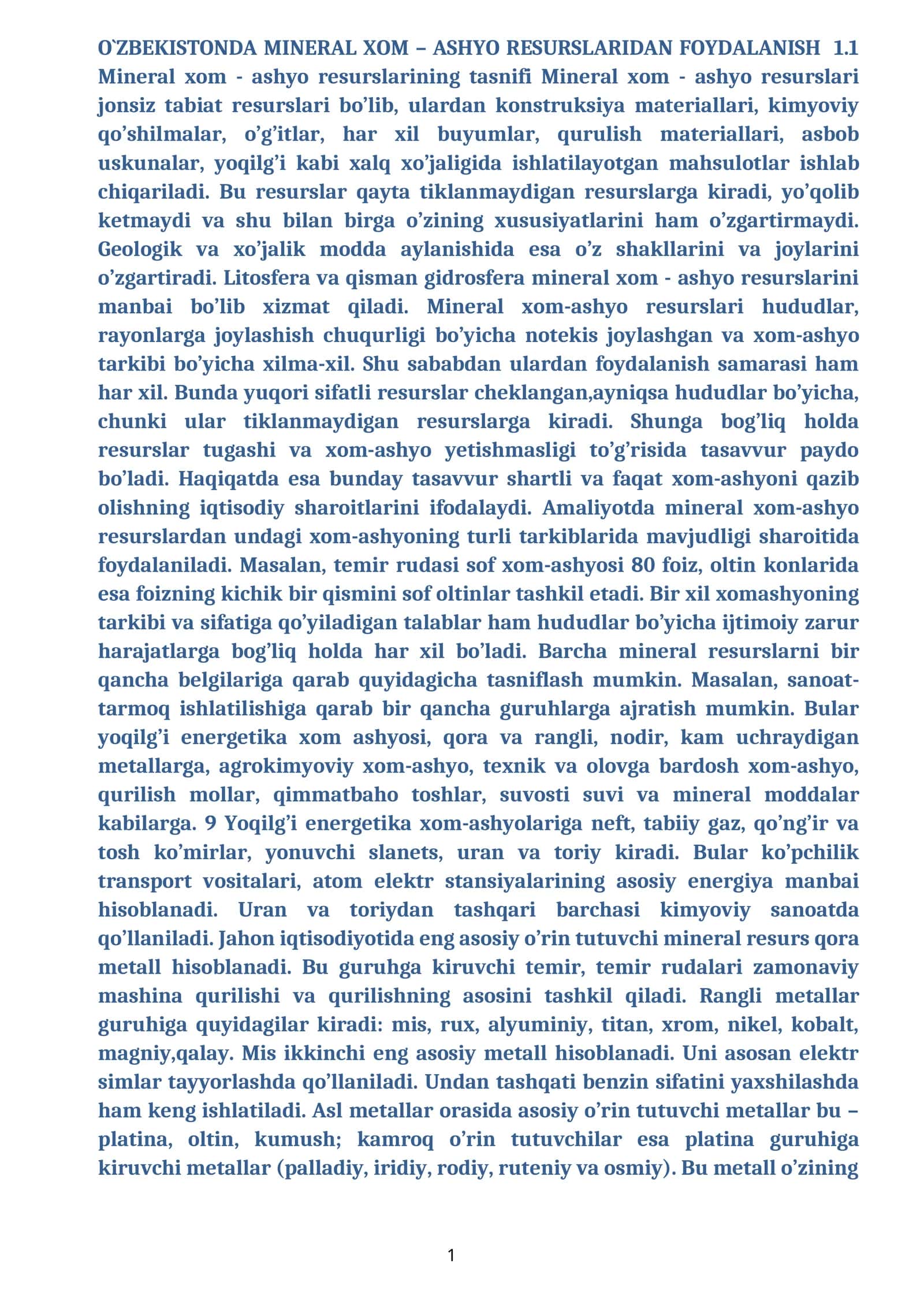 O`ZBEKISTONDA MINERAL XOM – ASHYO RESURSLARIDAN FOYDALANISH