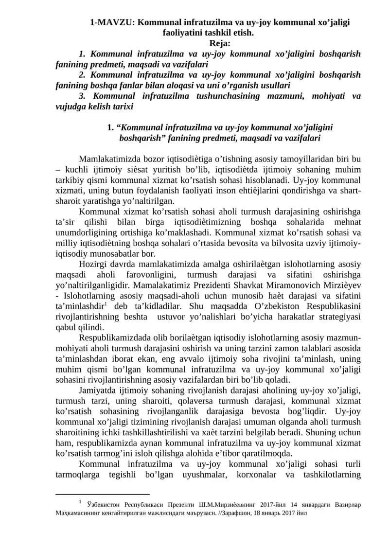 Kommunal infratuzilma va uy-joy kommunal xo’jaligi faoliyatini tashkil etish