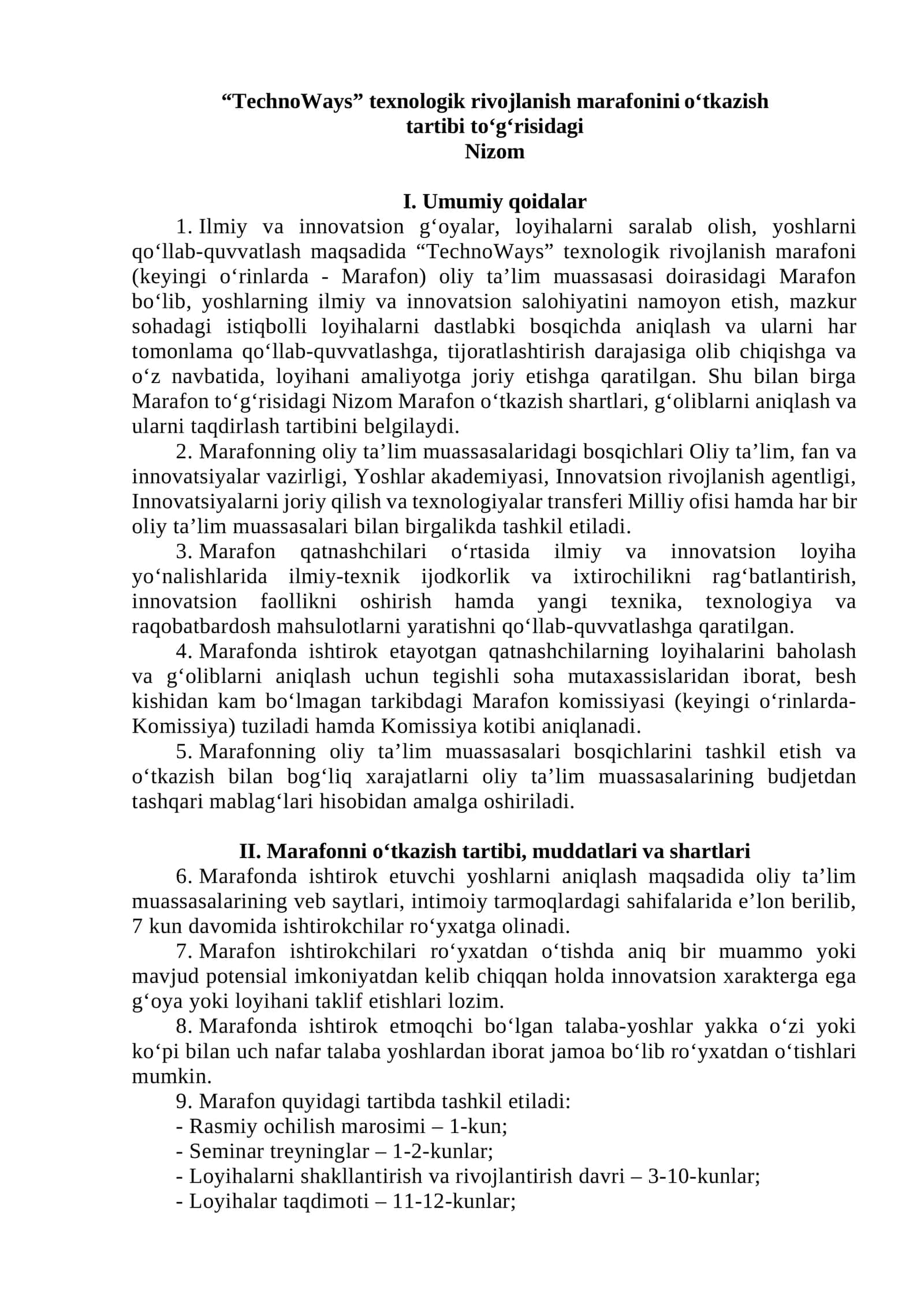 “TechnoWays” texnologik rivojlanish marafonini o‘tkazish tartibi to‘g‘risidagi Nizom