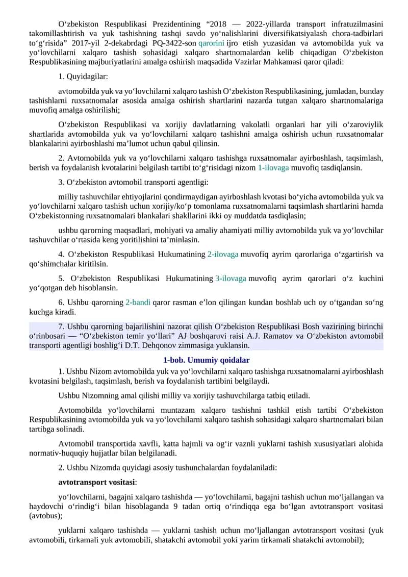Transport infratuzilmasini takomillashtirish va yuk tashishning tashqi savdo yo‘nalishlari