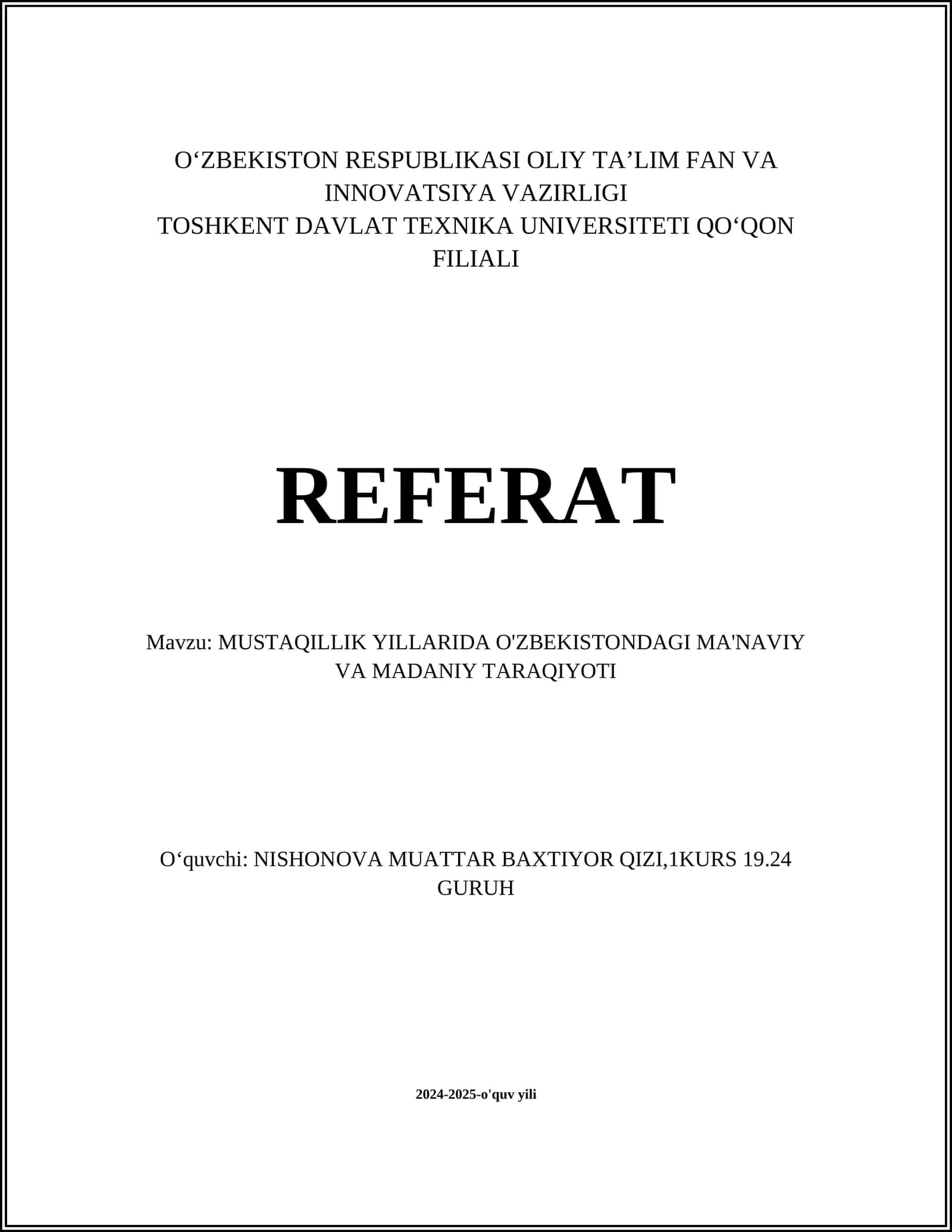 O‘ZBEKISTON RESPUBLIKASI OLIY TA’LIM FAN VA INNOVATSIYA VAZIRLIGI REFERAT