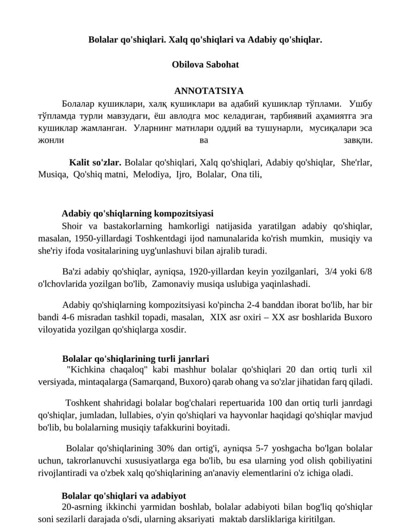Bolalar qo'shiqlari. Xalq qo'shiqlari va Adabiy qo'shiqlar