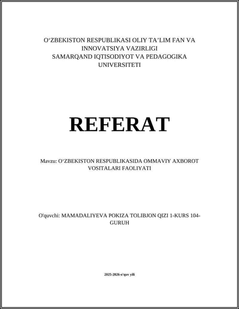 Oʻzbekiston Respublikasida Ommaviy Axborot Vositalari Faoliyati