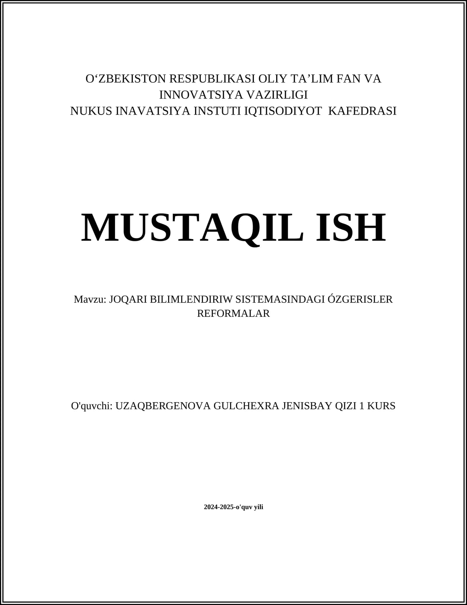 JOQARI BILIMLENDIRIW SISTEMASINDAGI ÓZGERISLER REFORMALAR