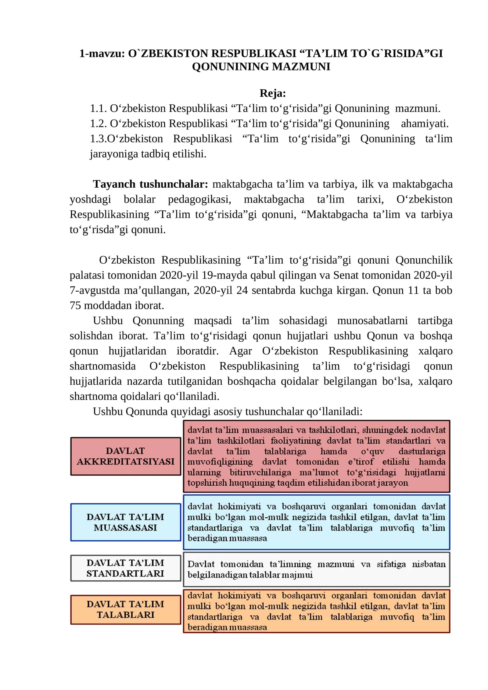 O`ZBEKISTON RESPUBLIKASI “TA’LIM TO`G`RISIDA”GI QONUNINING MAZMUNI