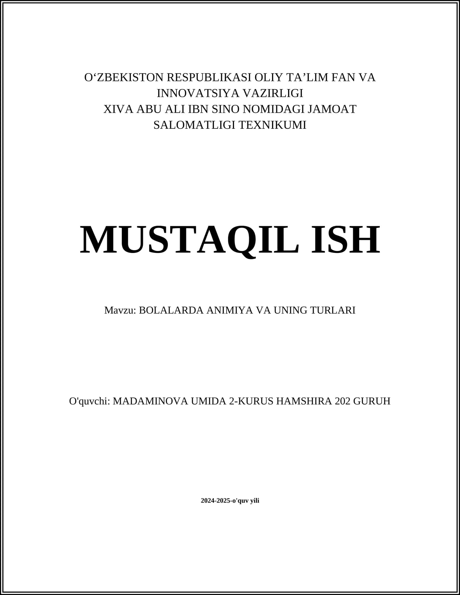 BOLALARDA ANIMIYA VA UNING TURLARI