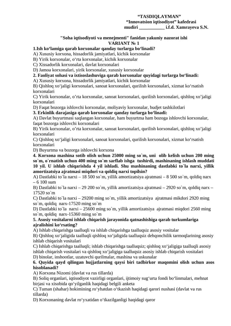 "Soha iqtisodiyoti va menejmenti" fanidan yakuniy nazorat ishi