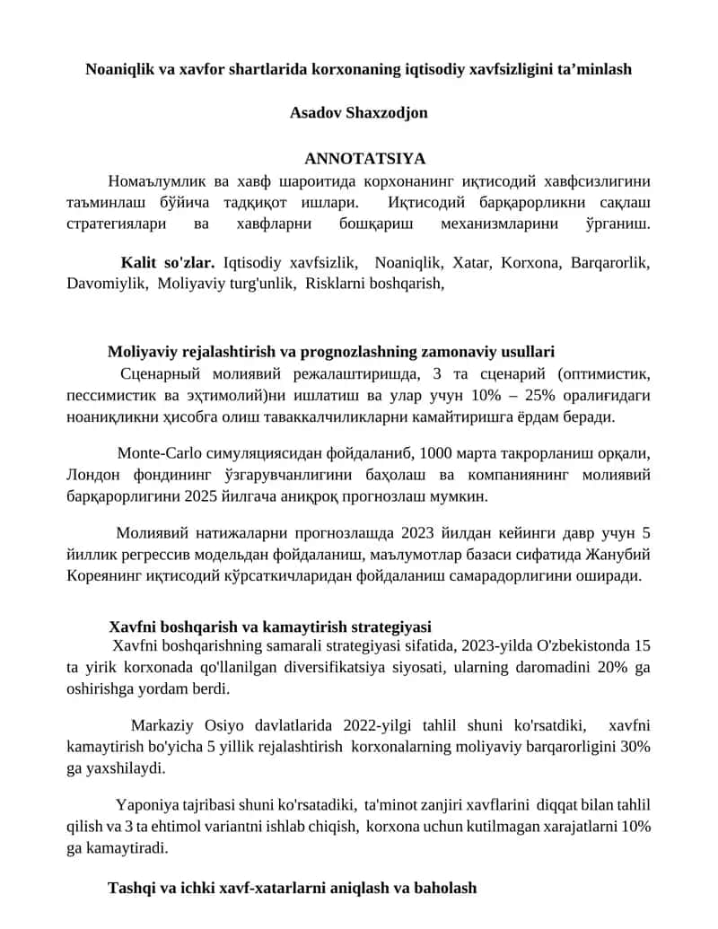 Noaniqlik va xavfor shartlarida korxonaning iqtisodiy xavfsizligini taʼminlash