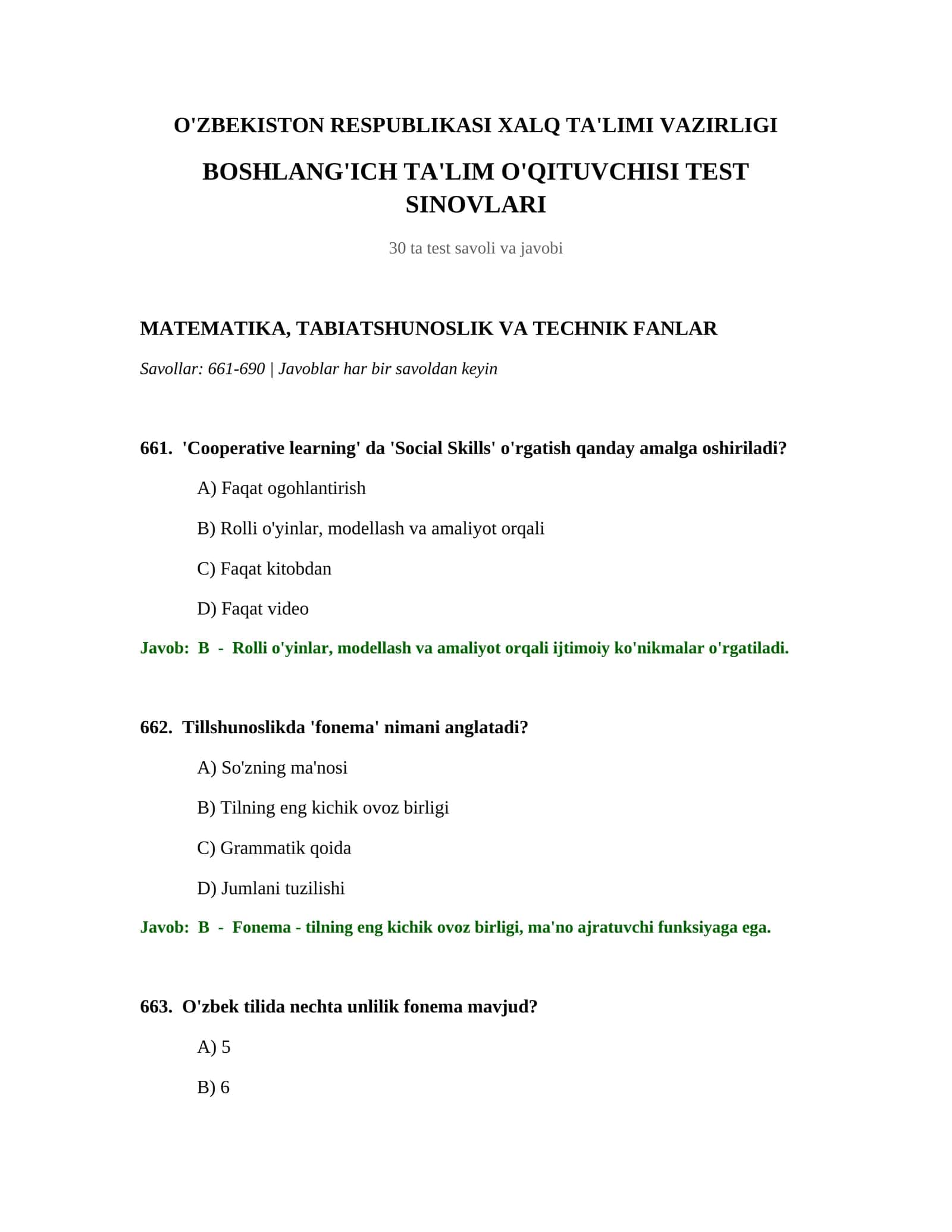 O'QITUVCHISI TEST SINOVLARI