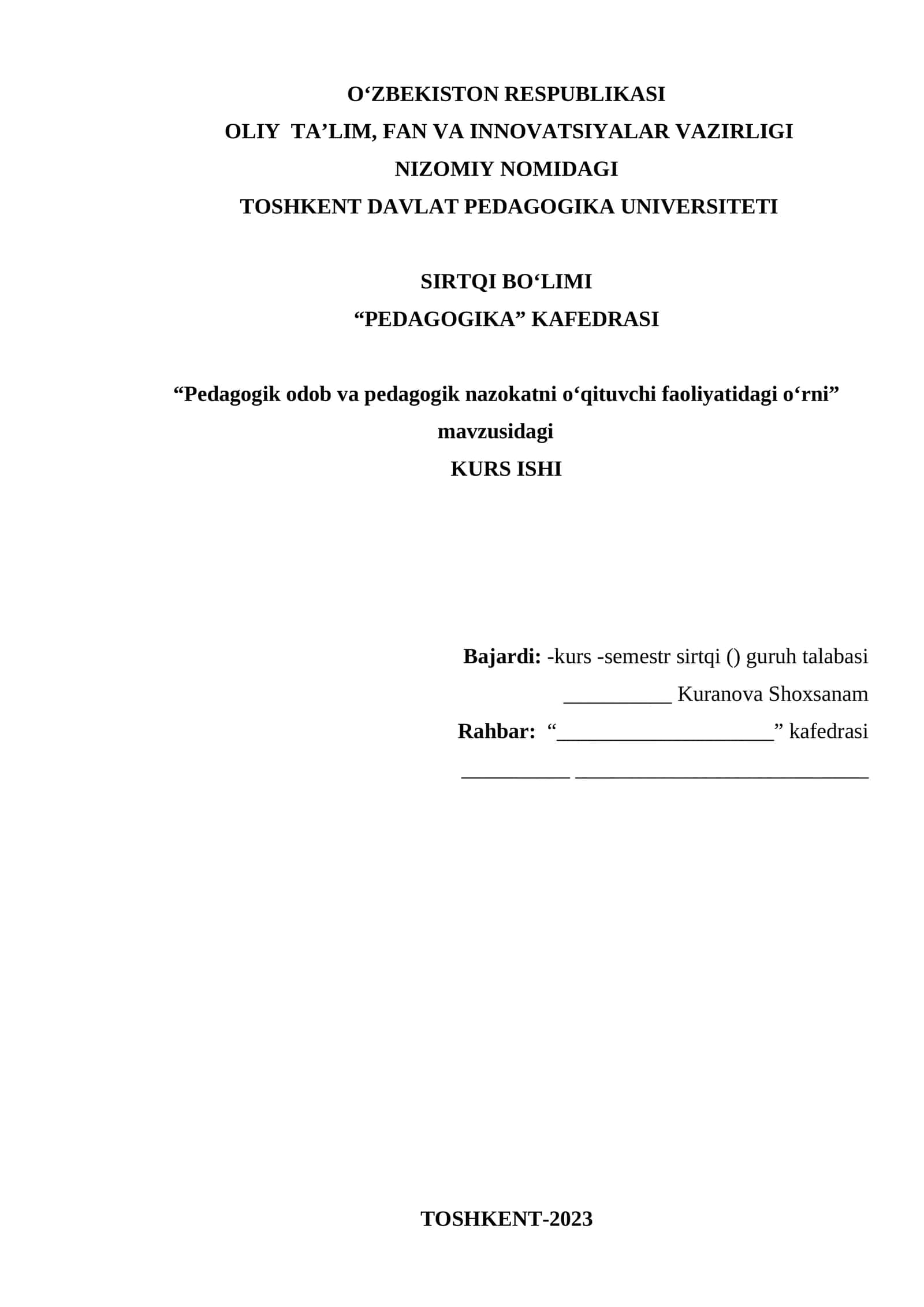 “Pedagogik odob va pedagogik nazokatni o‘qituvchi faoliyatidagi o‘rni”