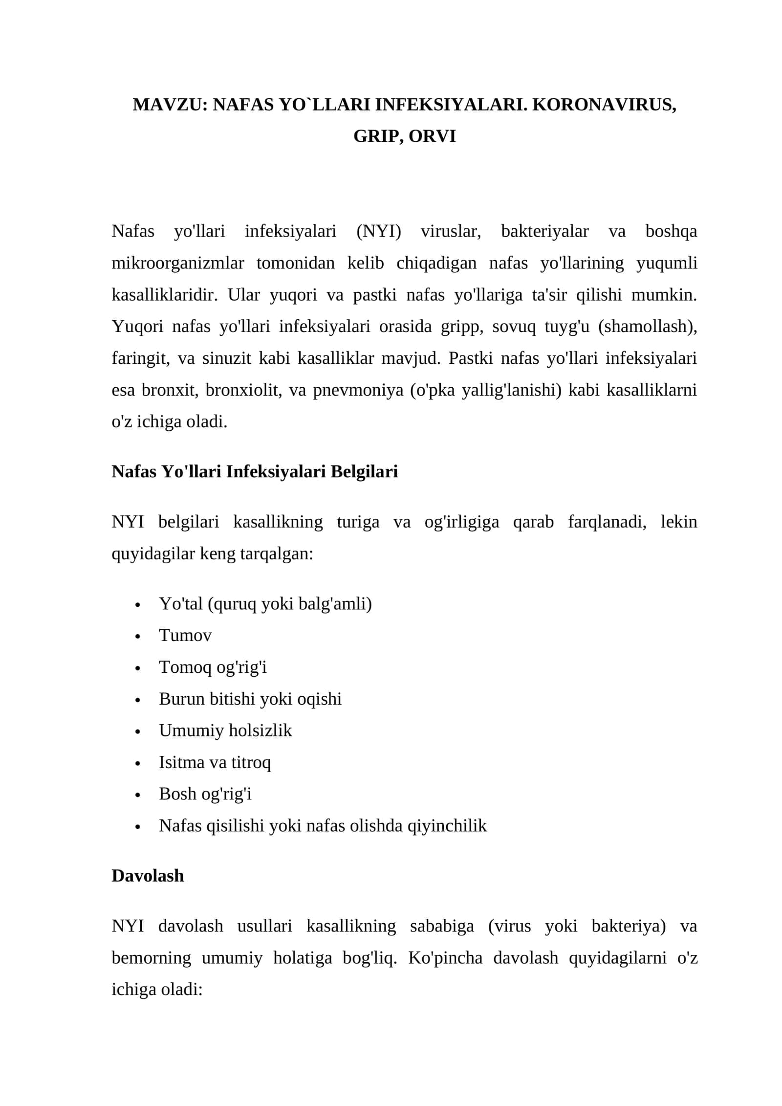 NAFAS YO`LLARI INFEKSIYALARI. KORONAVIRUS, GRIP, ORVI