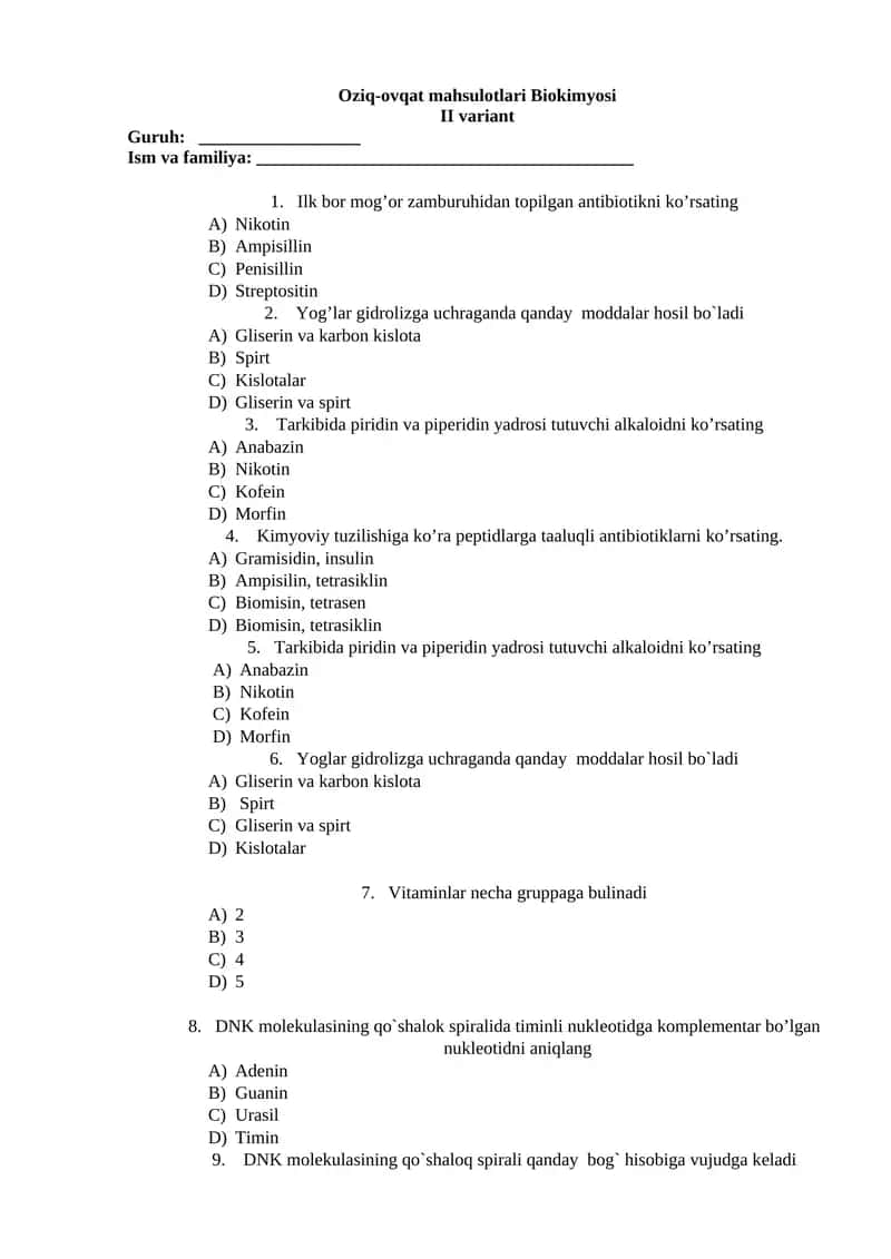 Oziq-ovqat mahsulotlari Biokimyosi II variant